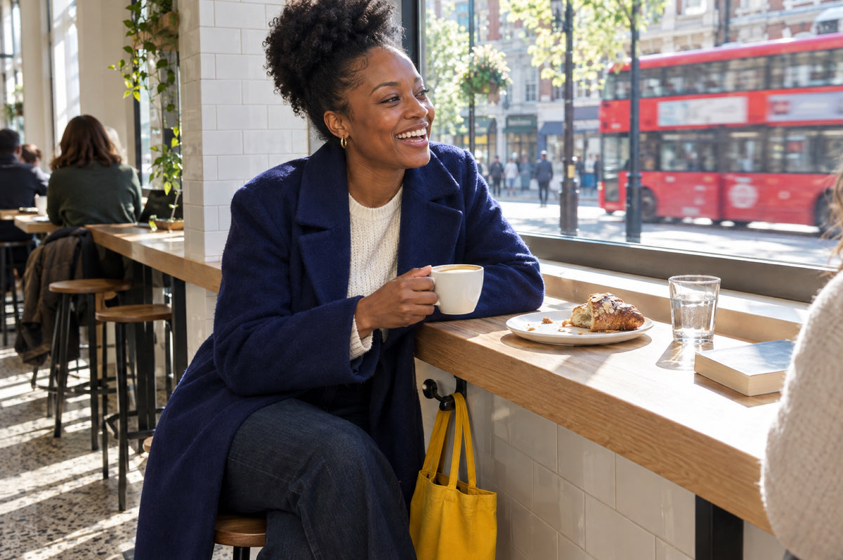 A woman laughs over coffee at a bright café window bench with a yellow tote bag hanging below.