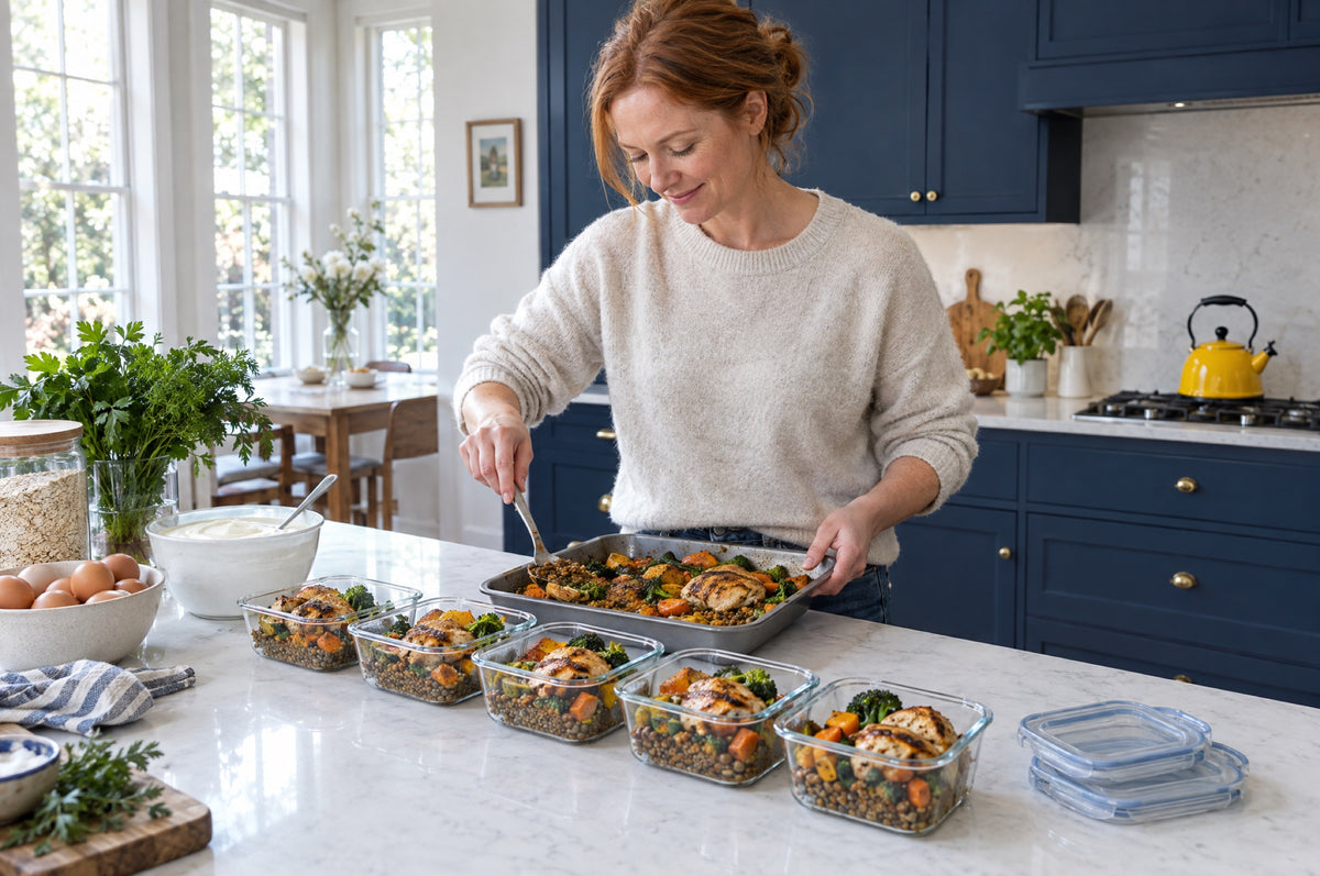 A woman portions a tray of roast chicken, vegetables and lentils into a row of glass containers in a bright kitchen with navy cabinets and a yellow kettle.