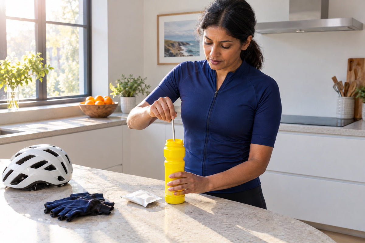 A British woman in her forties in a navy cycling jersey stirs white powder into a yellow bottle at a sunlit kitchen worktop, her helmet and gloves beside her and morning light through the window.