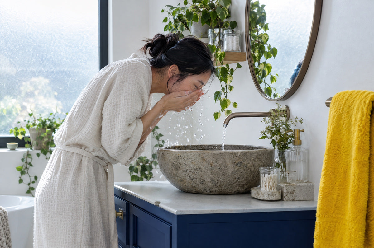 A woman rinses her face at a stone basin in a bright bathroom with a yellow towel and navy cabinets.