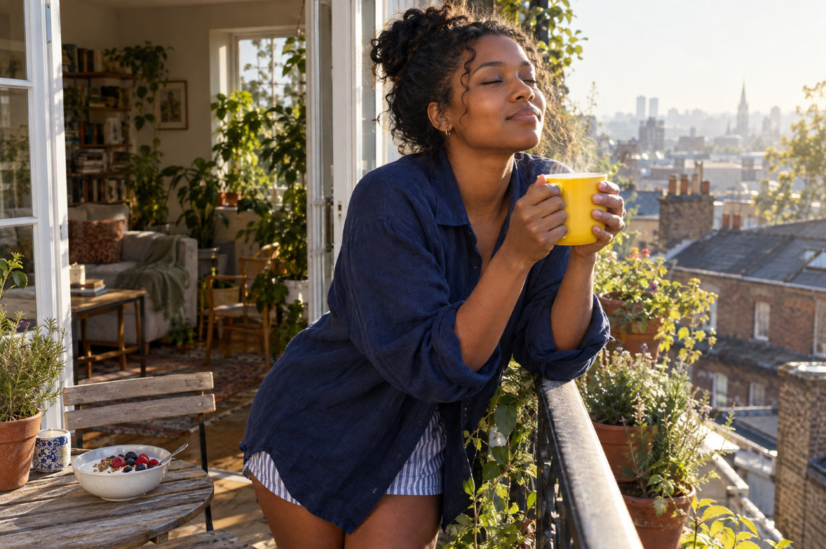 A young woman in a navy shirt holds a yellow mug of tea on a sunny city balcony.