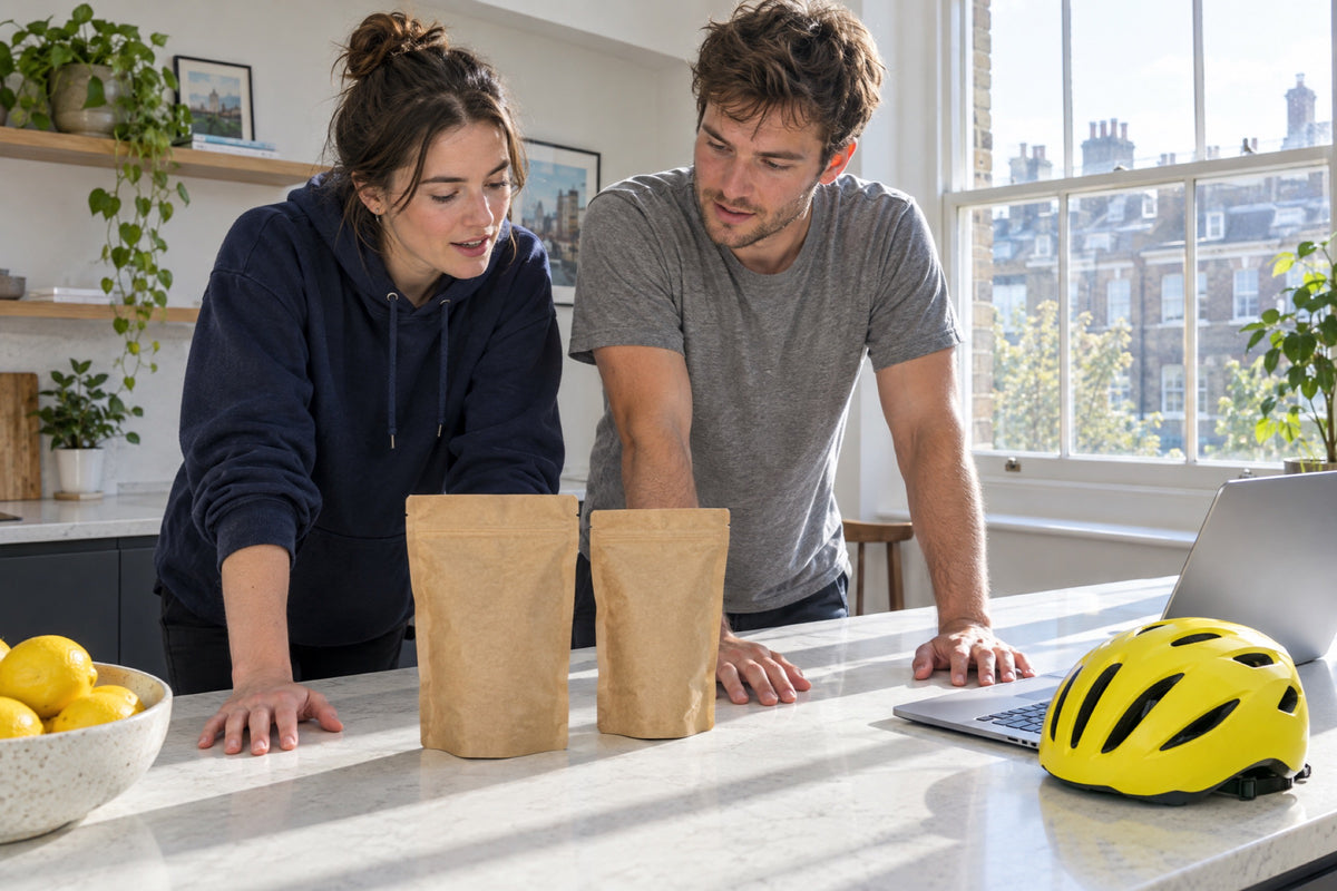 Two flatmates at a bright breakfast bar compare two plain brown paper pouches side by side, one in a navy hoodie, a yellow bicycle helmet and an open laptop on the counter, morning light through a sash window.