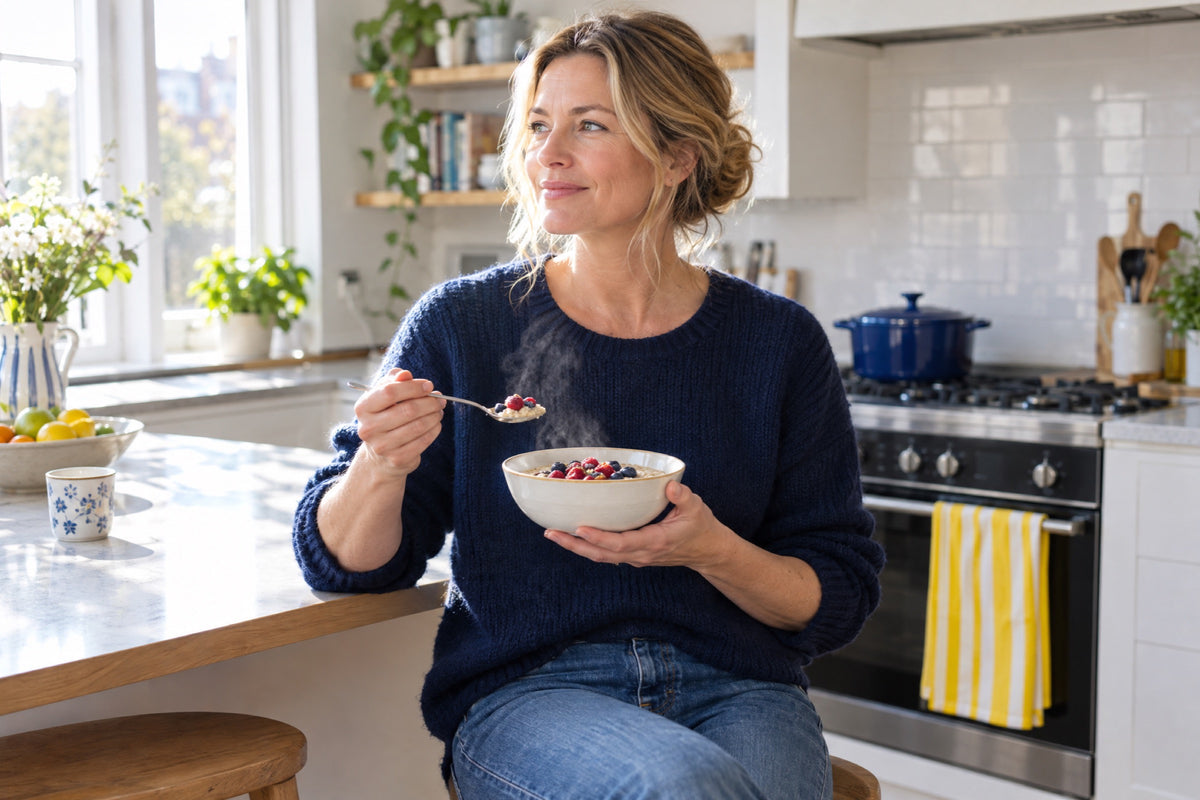 A British woman in her early forties in a navy jumper eats porridge with berries at a bright kitchen breakfast bar, steam catching the light, a navy casserole on the hob and a yellow striped tea towel on the oven rail