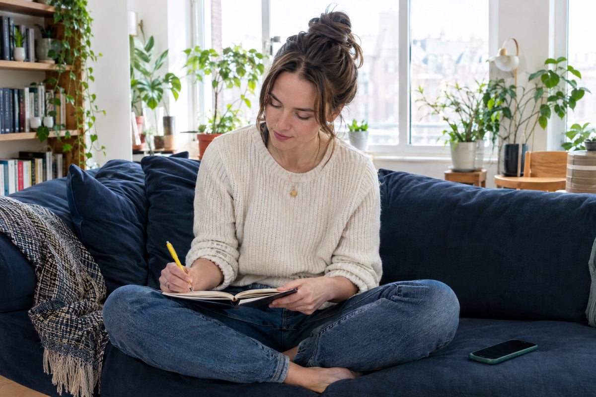 A woman in her late twenties sits cross-legged on a navy sofa in a bright, plant-filled flat, writing in a period-tracking diary with a yellow pen while her phone shows a calendar on the cushion beside her