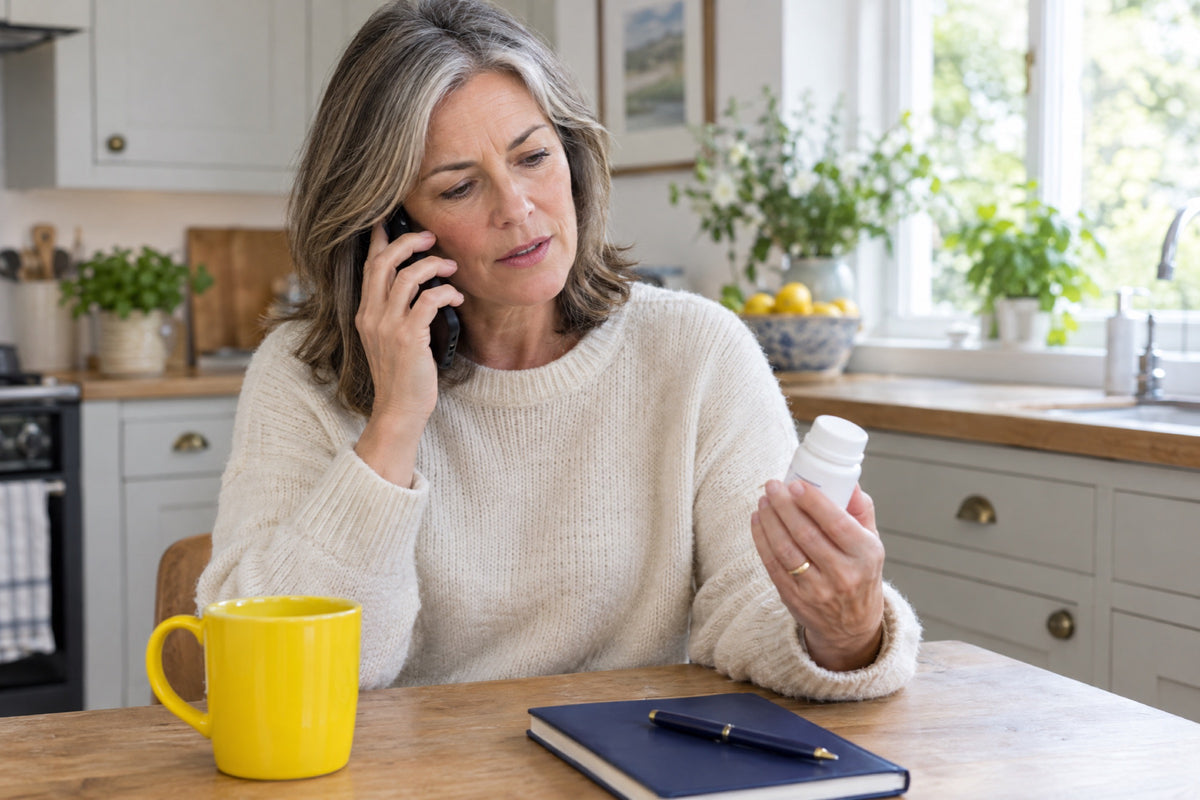 A woman on the phone at a wooden kitchen table studies a supplement bottle, with a yellow mug and a navy notebook and pen in front of her