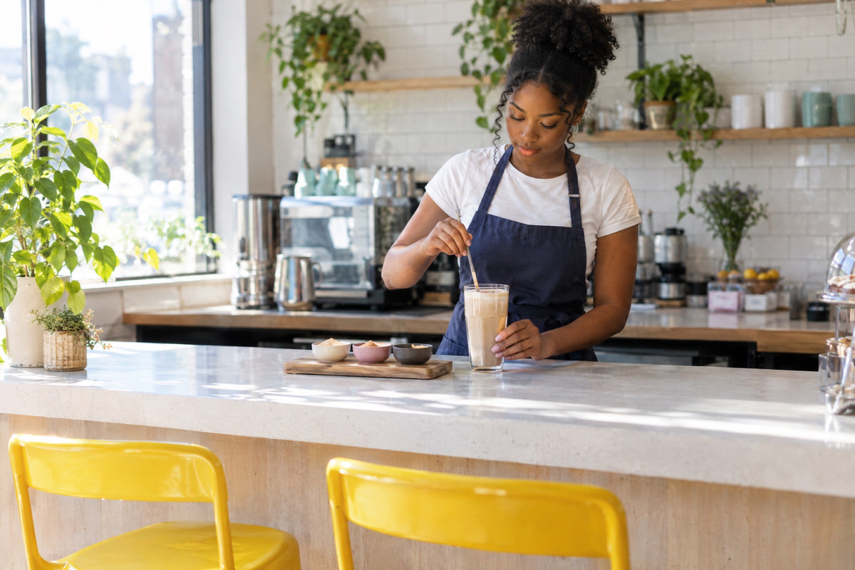 A barista in a navy apron stirs a maca latte in a tall glass at a sunlit cafe counter, three small dishes of maca powder on a wooden board beside it and two yellow metal stools in the foreground.