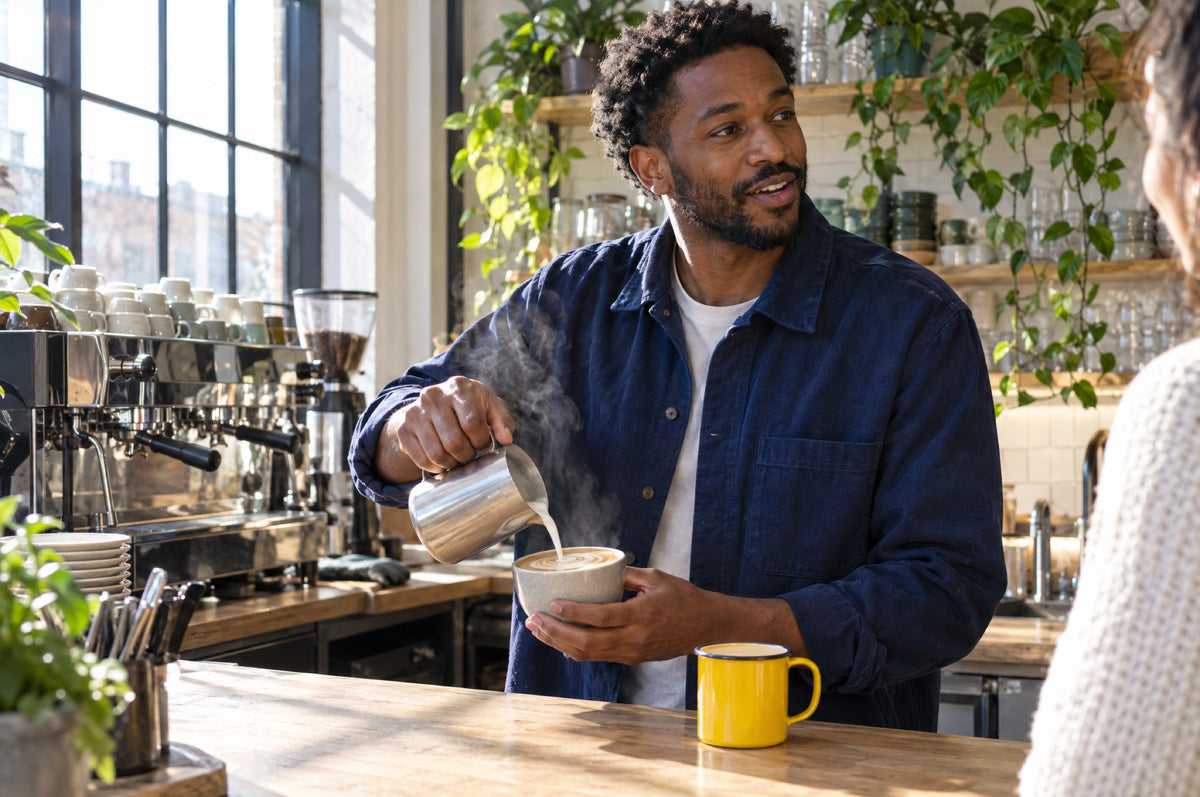 A man pours steamed milk into a coffee at a sunlit café counter with a yellow mug beside him.