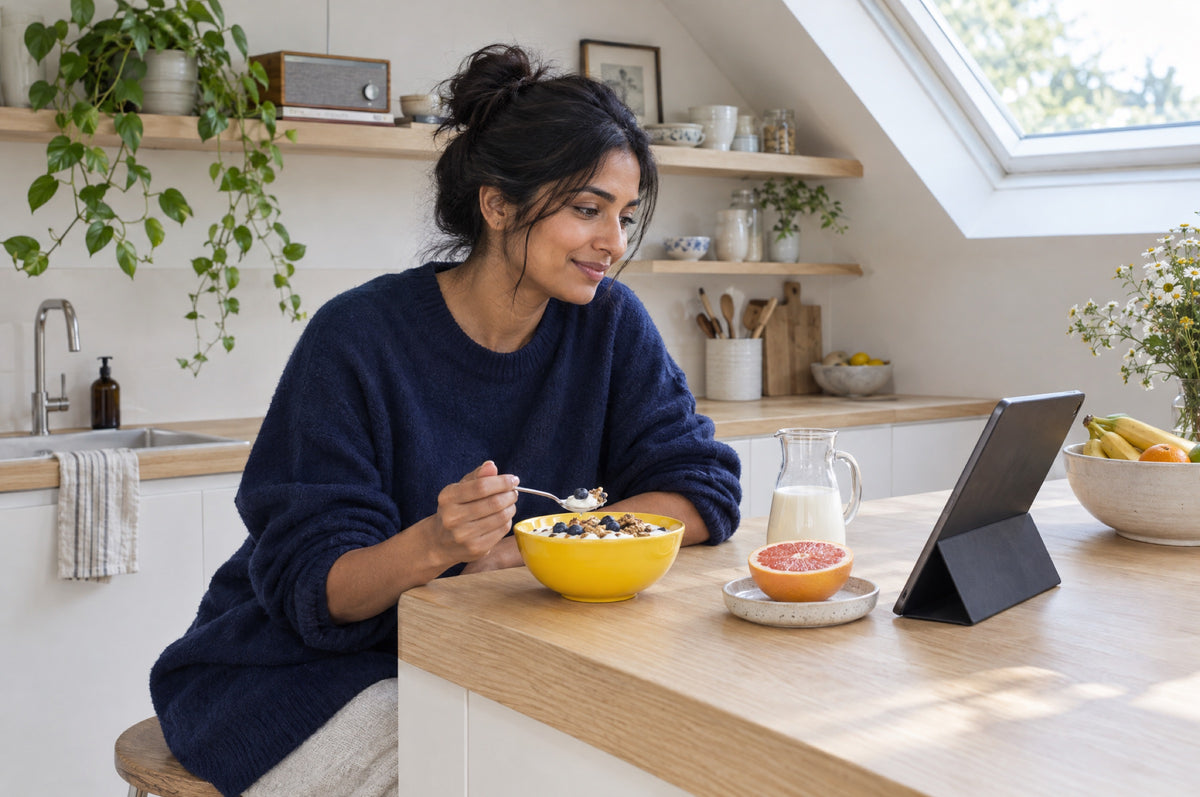 A woman in a navy jumper eats yoghurt and berries from a yellow bowl in a skylit kitchen.