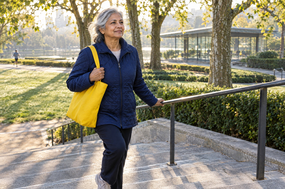 An older woman in a navy jacket walks up stone steps in a sunny park carrying a yellow tote bag.