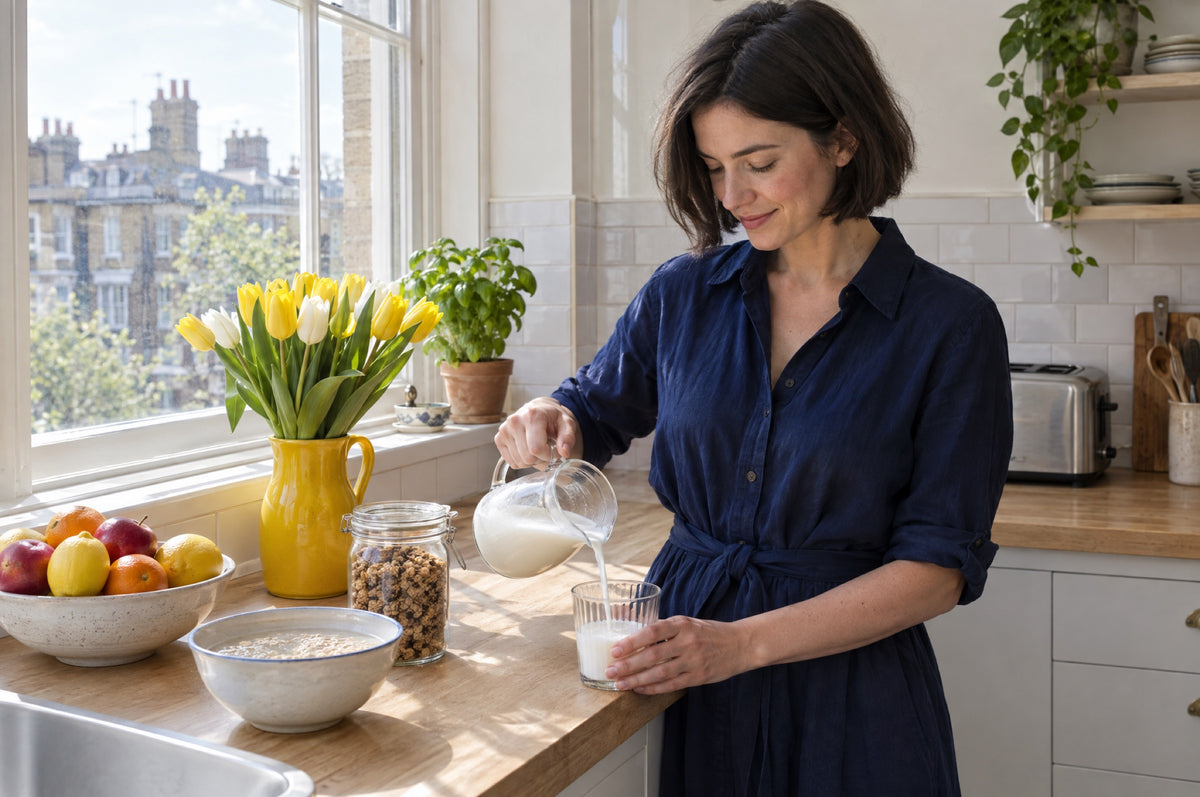 A woman in a navy shirt dress pours a small glass of kefir in a sunlit kitchen beside a yellow jug of tulips.