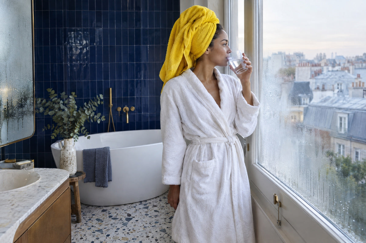 A woman with her hair in a yellow towel sips water at a bathroom window with navy tiles.