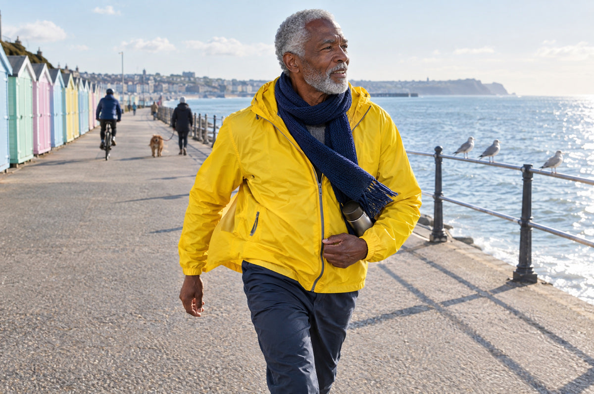 An older man in a yellow jacket and navy scarf walks briskly along a sunlit seaside promenade.