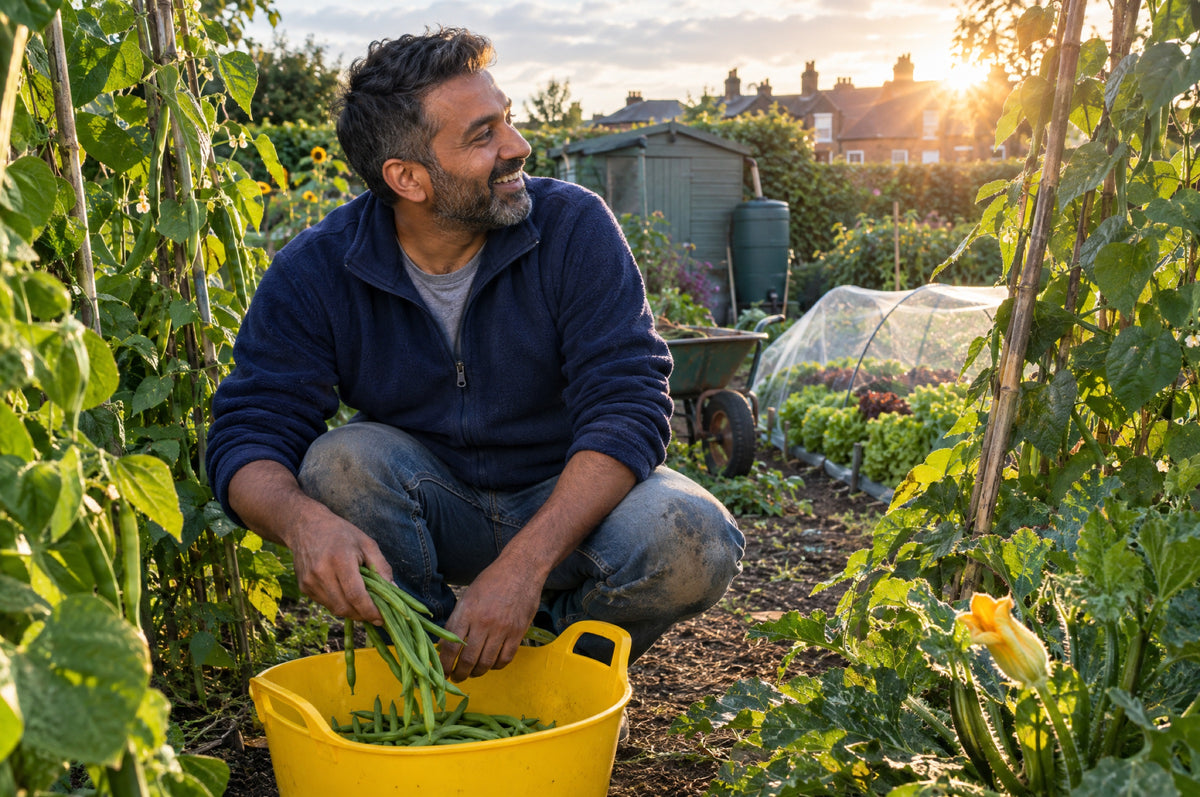 A man in a navy fleece drops runner beans into a yellow trug on a sunny allotment.