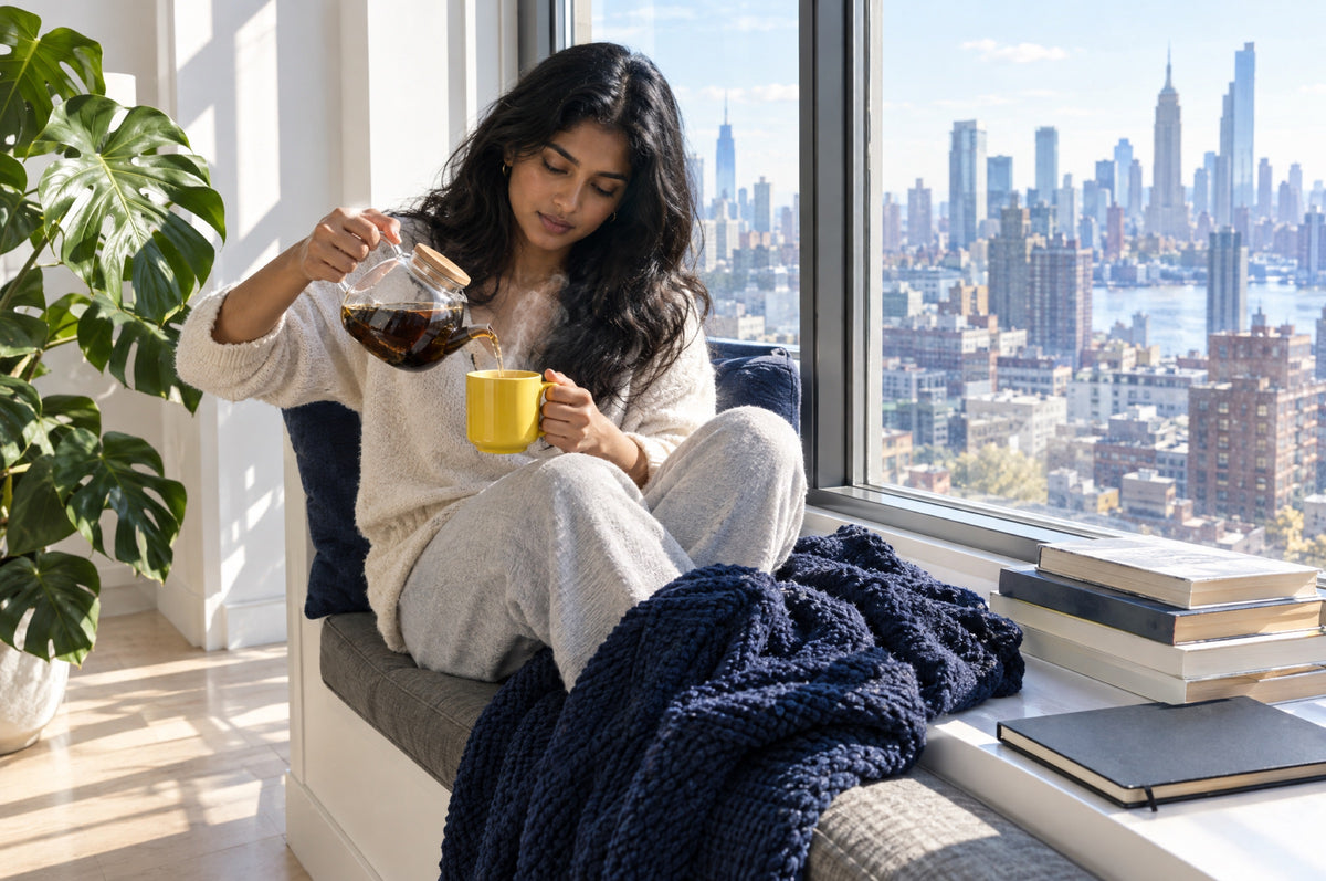 A young woman pours tea into a yellow mug on a sunlit window seat in a flat.