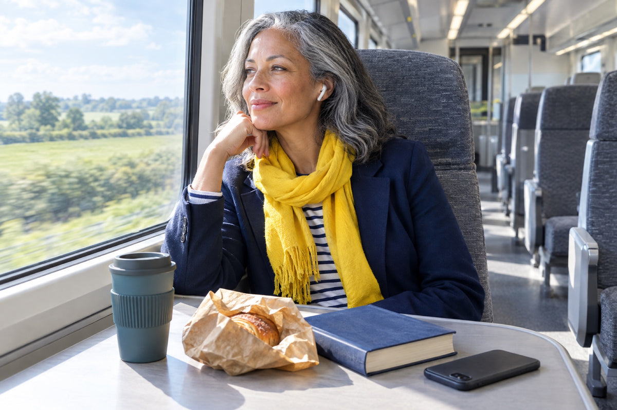 A woman looks out of a train window at passing countryside, a yellow scarf around her neck.