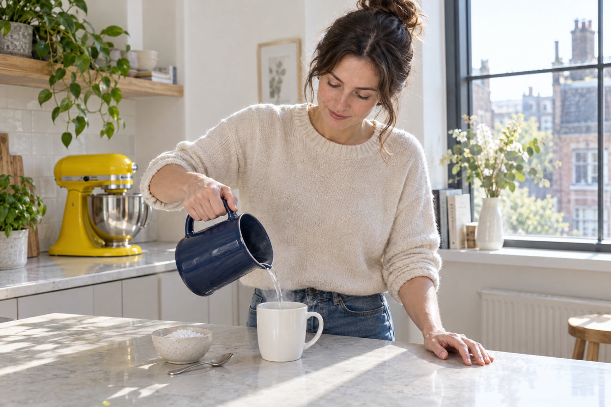 A woman in her thirties pouring hot water from a navy enamel jug into a white mug at a sunlit kitchen island, a small bowl of white powder and a teaspoon beside it and a yellow stand mixer on the counter behind her.