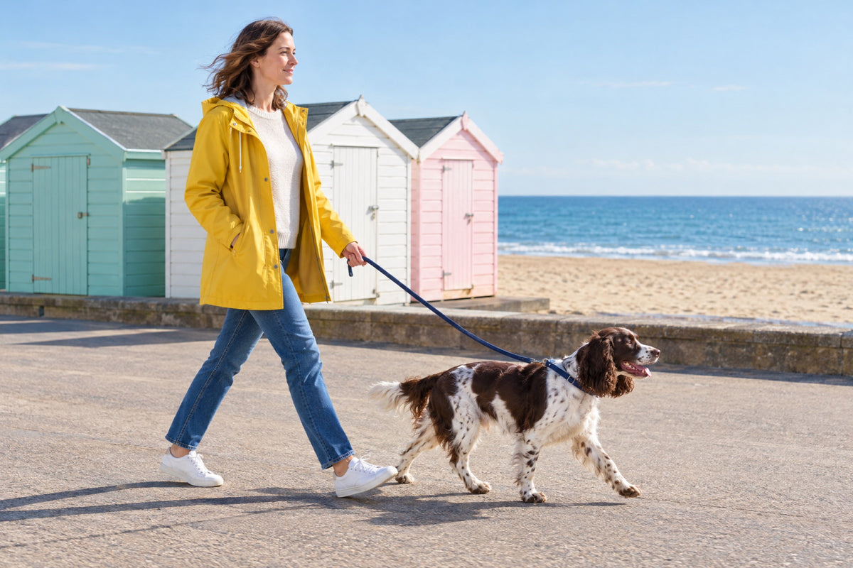A woman in a yellow raincoat walks a spaniel on a navy lead along a bright seaside promenade, one hand in her pocket, painted beach huts behind her.