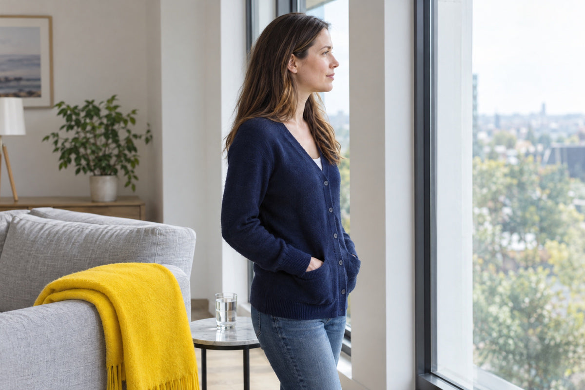 A woman in a navy cardigan stands with her hands in her pockets, looking out of tall windows in a bright living room, with a yellow throw folded over the arm of a grey sofa and a glass of water on a small marble table beside her.
