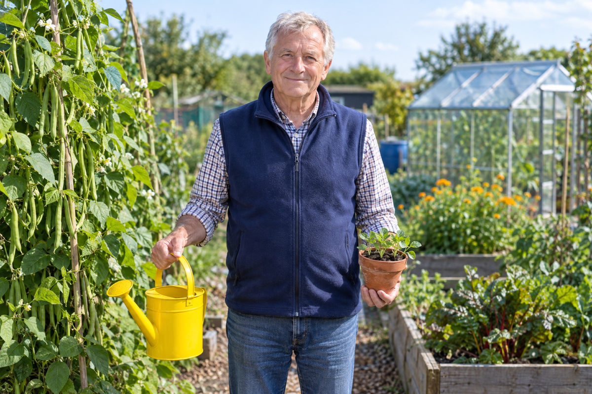 A British man in his sixties in a navy gilet stands in a sunny allotment between bean canes and raised beds, a large yellow watering can in one hand and a terracotta pot of seedlings in the other, a greenhouse behind him