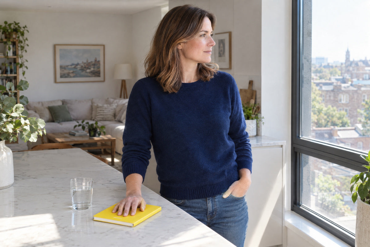 A woman in a navy jumper stands at a marble kitchen island with her hand on a yellow notebook beside a glass of water, looking out towards the city.