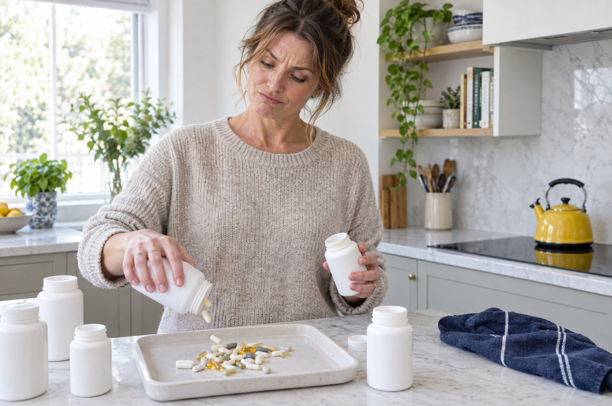 A woman in a beige jumper tips capsules from several plain white supplement bottles onto a tray to count them, a yellow kettle and a navy tea towel on the kitchen counter behind.