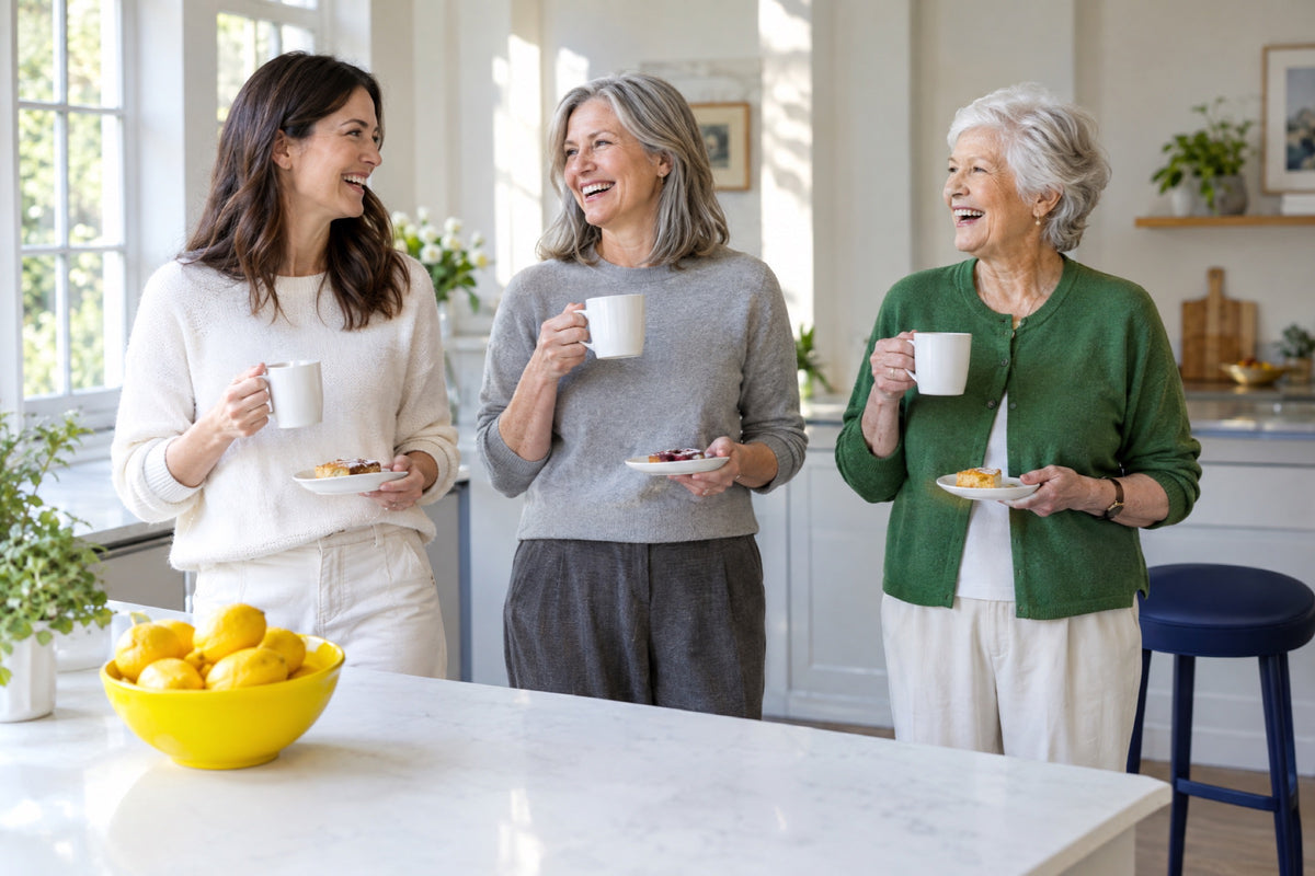 Three British women in their forties, fifties and seventies laughing together at a bright kitchen island, each holding a white mug and a small plate, a yellow bowl of lemons on the counter and a navy stool beside them
