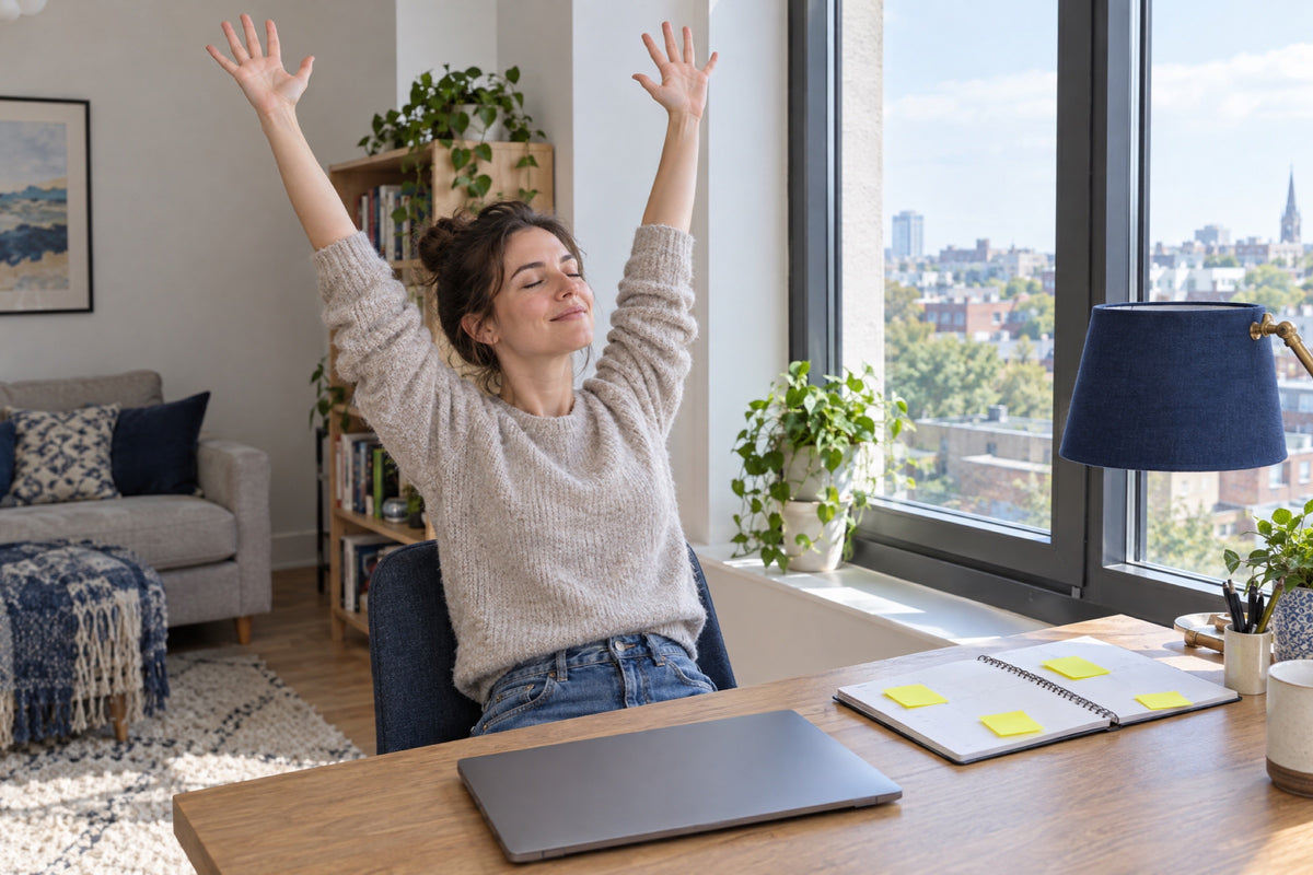 A woman in her early thirties stretching with both arms raised at a desk by a tall window in a light-filled flat, her laptop closed, a navy lamp shade beside it and yellow sticky notes on an open planner.