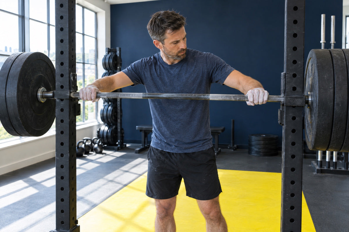A man in his forties racks a barbell between sets in a bright modern gym with a navy feature wall and a yellow lifting platform, chalk on his hands, looking at the bar.
