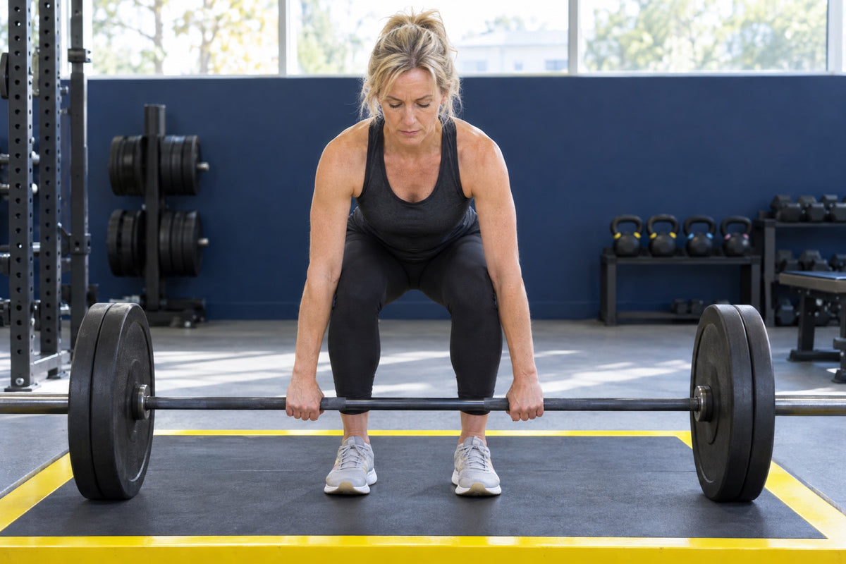 A woman in her early fifties sets up a deadlift in a bright modern gym, both hands in an overhand grip on the bar, a yellow platform edge beneath her and a navy wall behind, morning light through high windows.