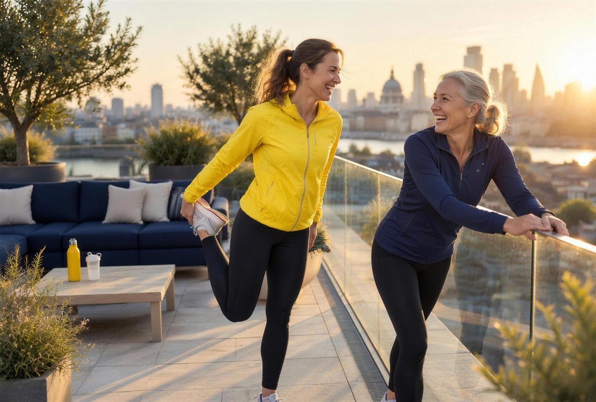 Two women, one in a yellow running jacket and one in a navy top, laughing as they stretch on a rooftop terrace at sunrise.