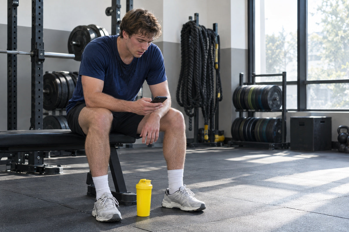 A young man rests on a gym bench in a navy t-shirt with a yellow shaker bottle at his feet.