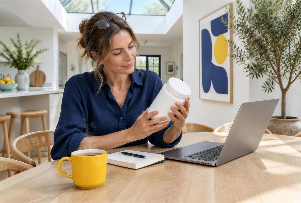 A woman in a navy linen shirt at a bright kitchen table reading the back of a supplement tub beside a laptop and a yellow mug.