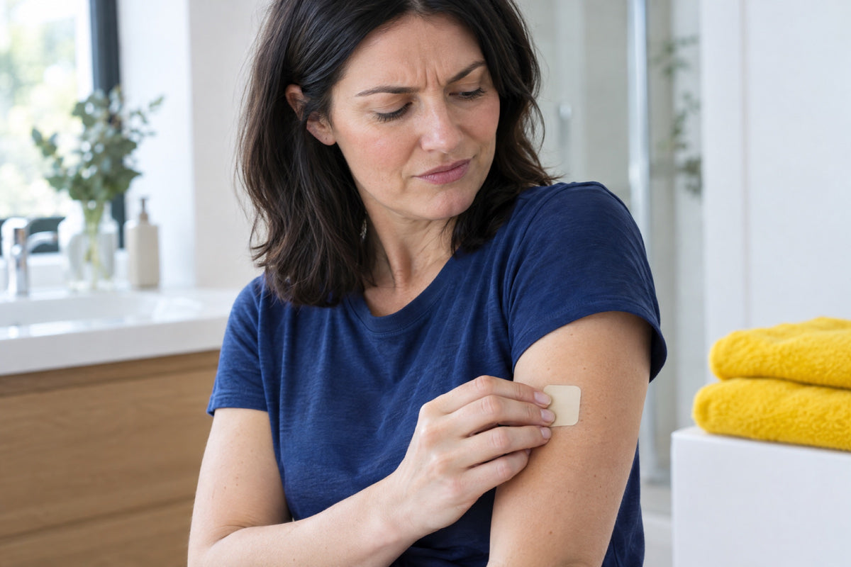 A woman in a navy T-shirt frowns as she presses a plain beige patch onto her upper arm in a bright bathroom, with yellow towels stacked behind her