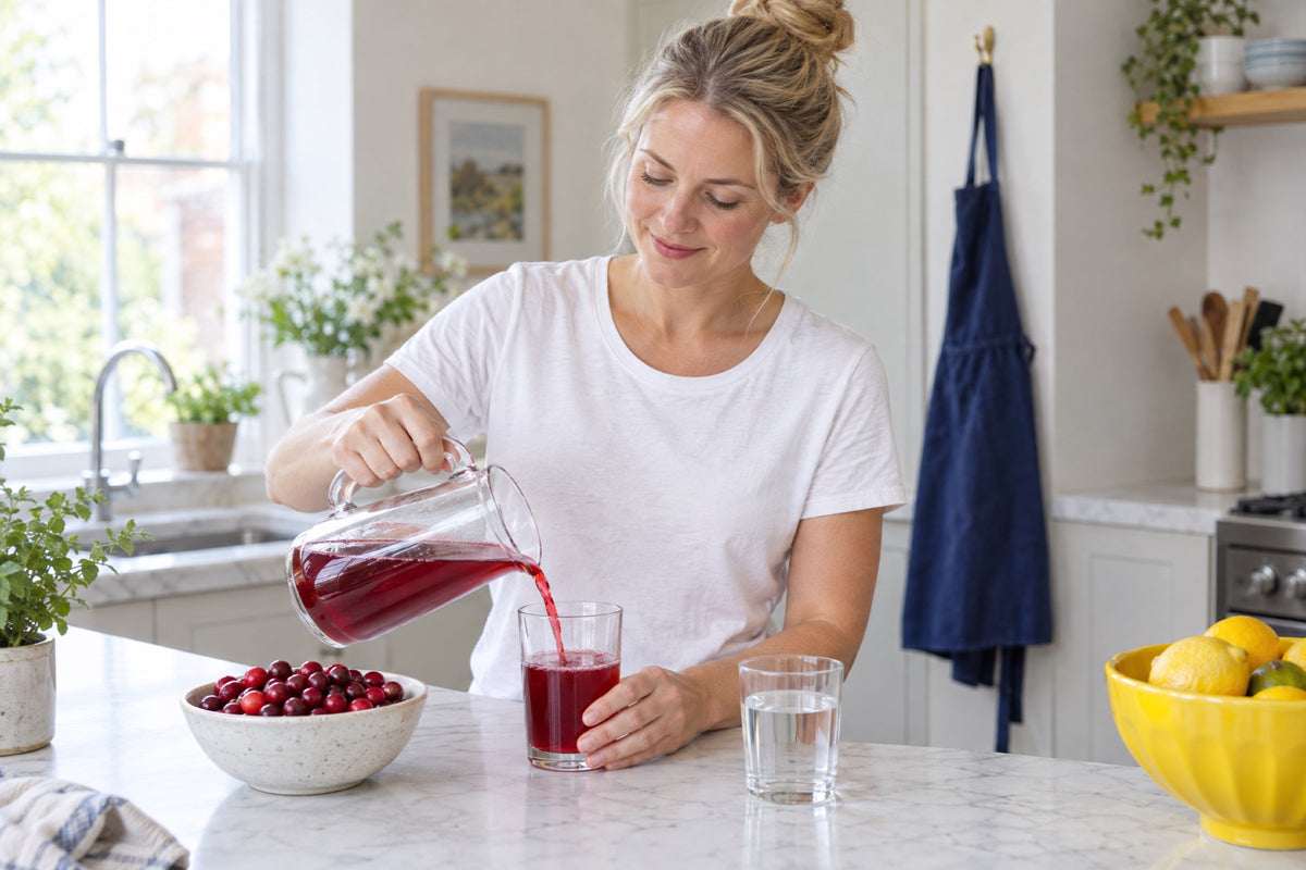 A woman in a white t-shirt pours a deep red cranberry drink from a glass jug into a tumbler on a marble worktop in a bright kitchen