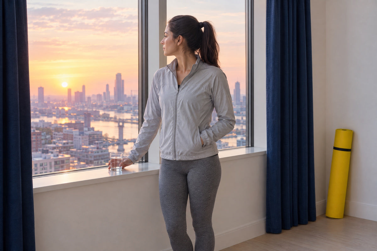 A British woman in her late twenties in running kit stands at a bright flat window at dawn, one hand resting on a glass of water on the sill and the other in her jacket pocket, navy curtains beside her and a rolled yellow yoga mat by the wall.