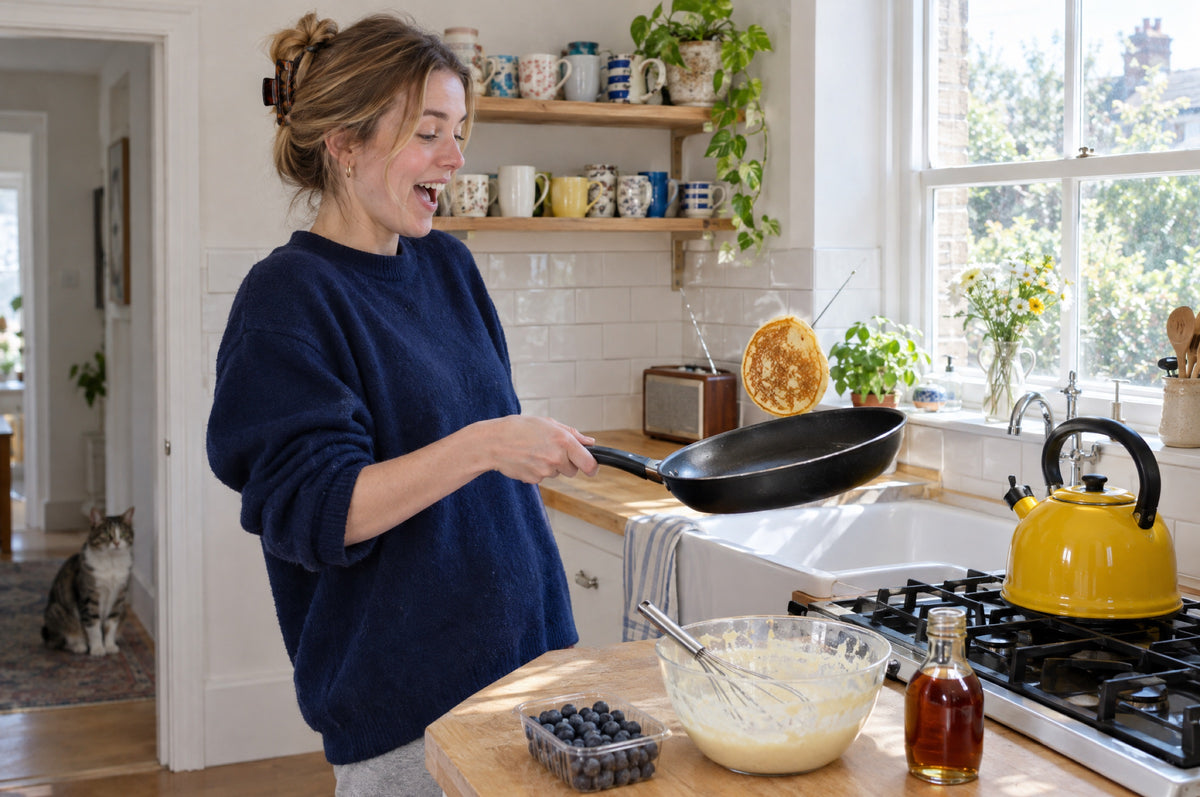 A young woman flips a pancake in a bright kitchen with a yellow kettle on the hob.