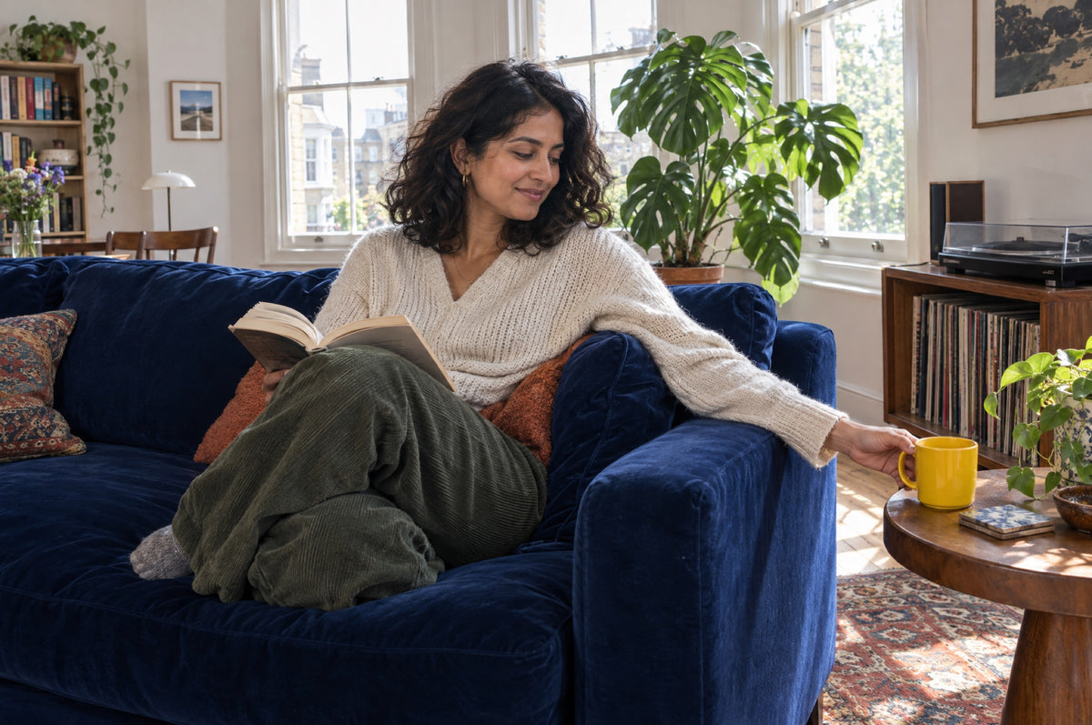 A woman reads on a navy sofa in a sunny flat and reaches for a yellow mug.