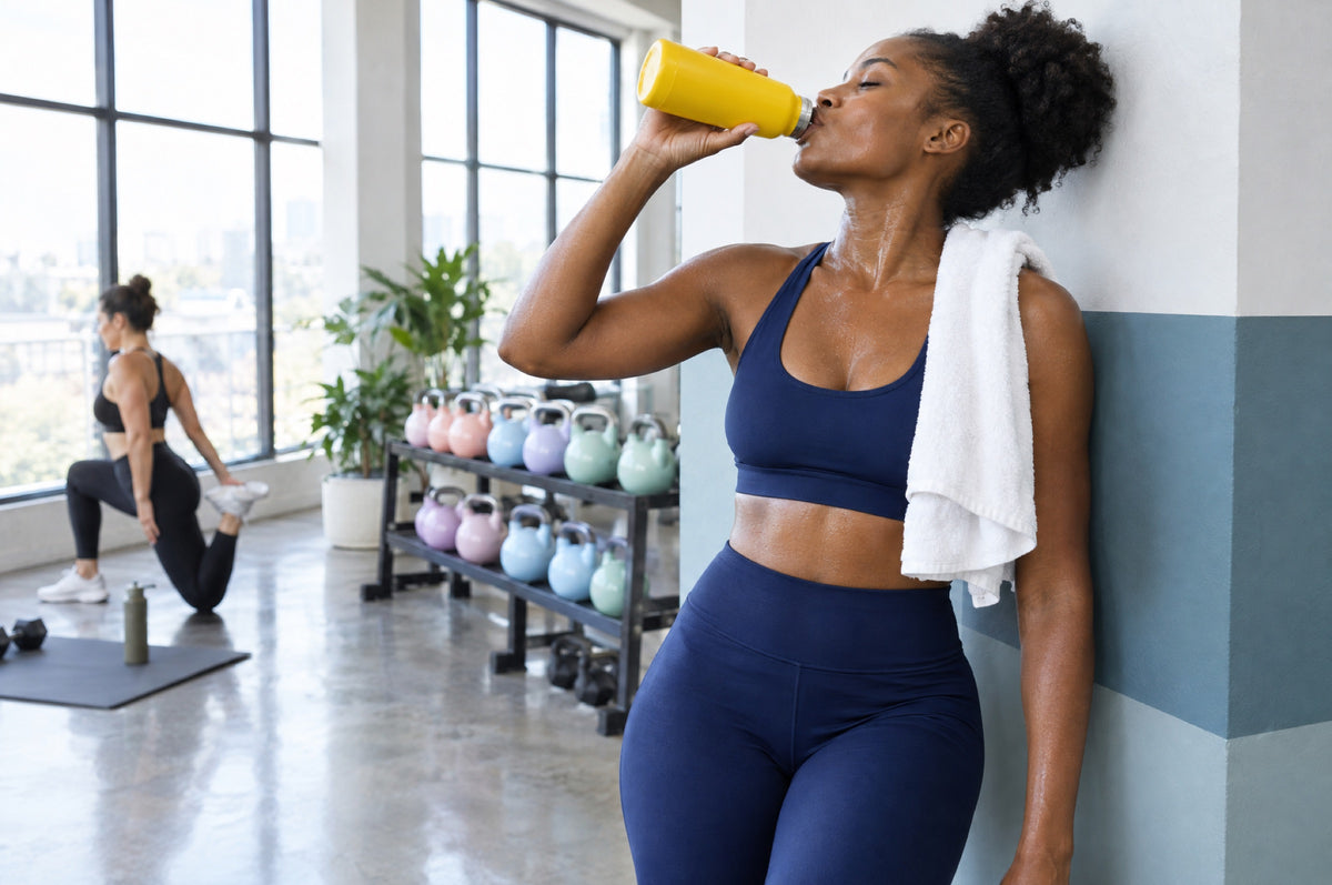 A young woman drinks from a yellow bottle while resting against a wall in a bright gym.