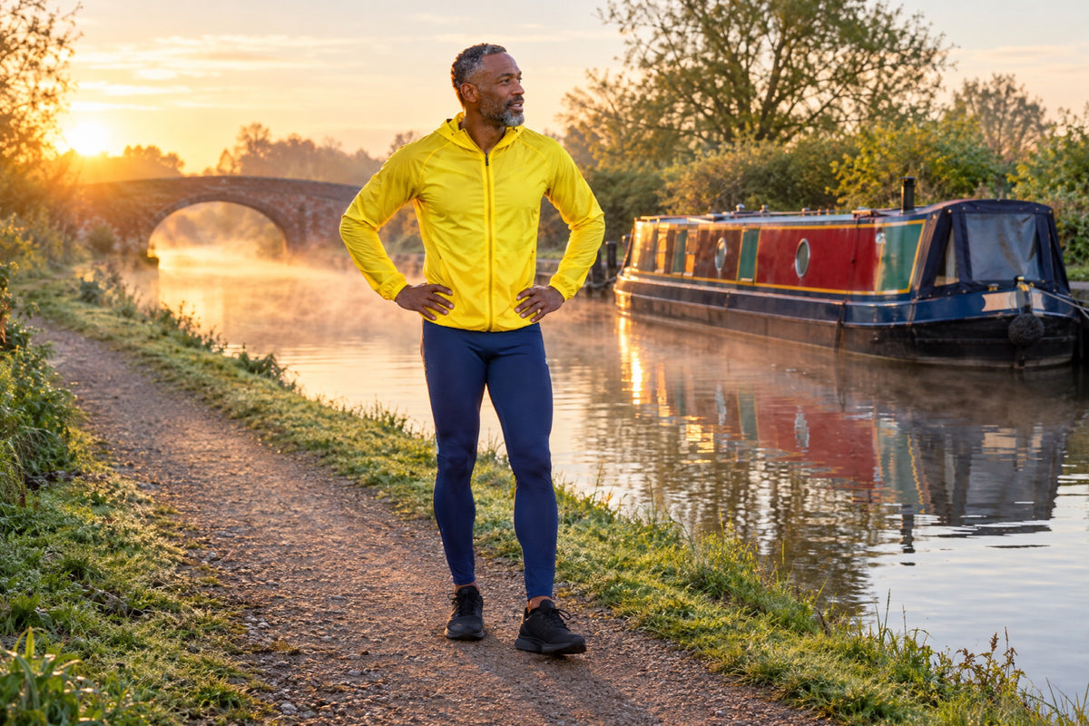 A man in his forties pauses on a canal towpath at sunrise with his hands on his hips, in a yellow running jacket and navy running tights, a narrowboat moored behind him.