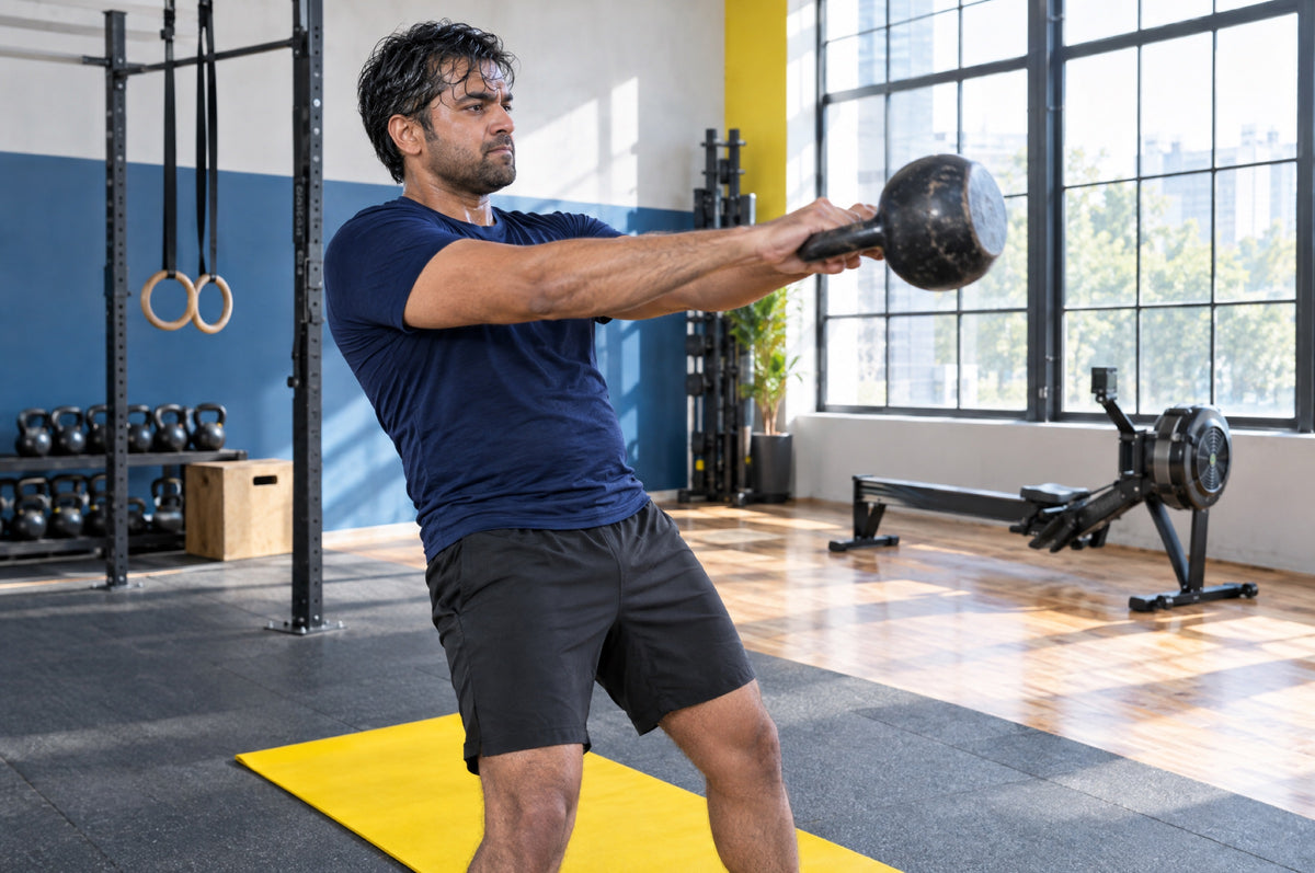 A man swings a kettlebell on a yellow mat in a bright gym wearing a navy t-shirt.