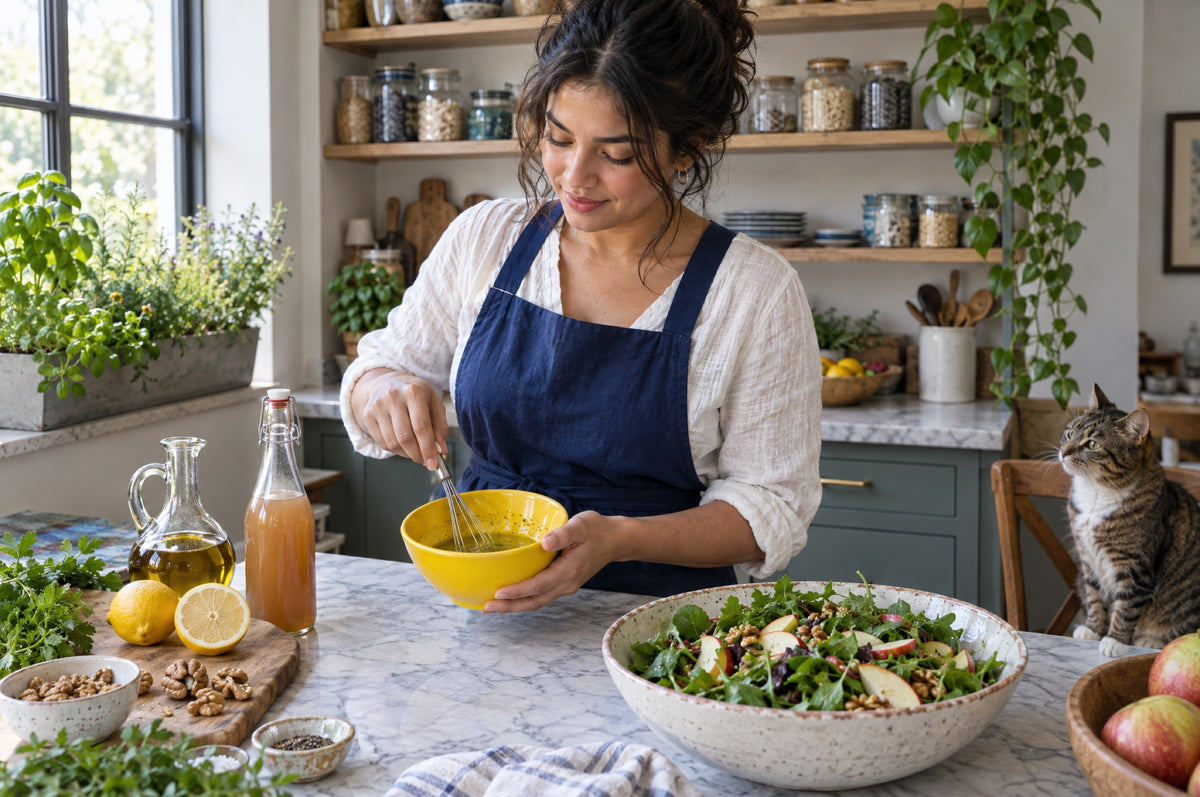 A woman in a navy apron whisks a dressing in a yellow bowl beside a fresh salad in a bright kitchen.