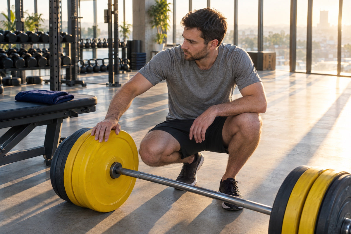 A British man in his thirties in a bright, airy modern gym rests one hand on a yellow bumper plate loaded on a barbell, a navy towel folded on the bench beside him, low sun through tall windows