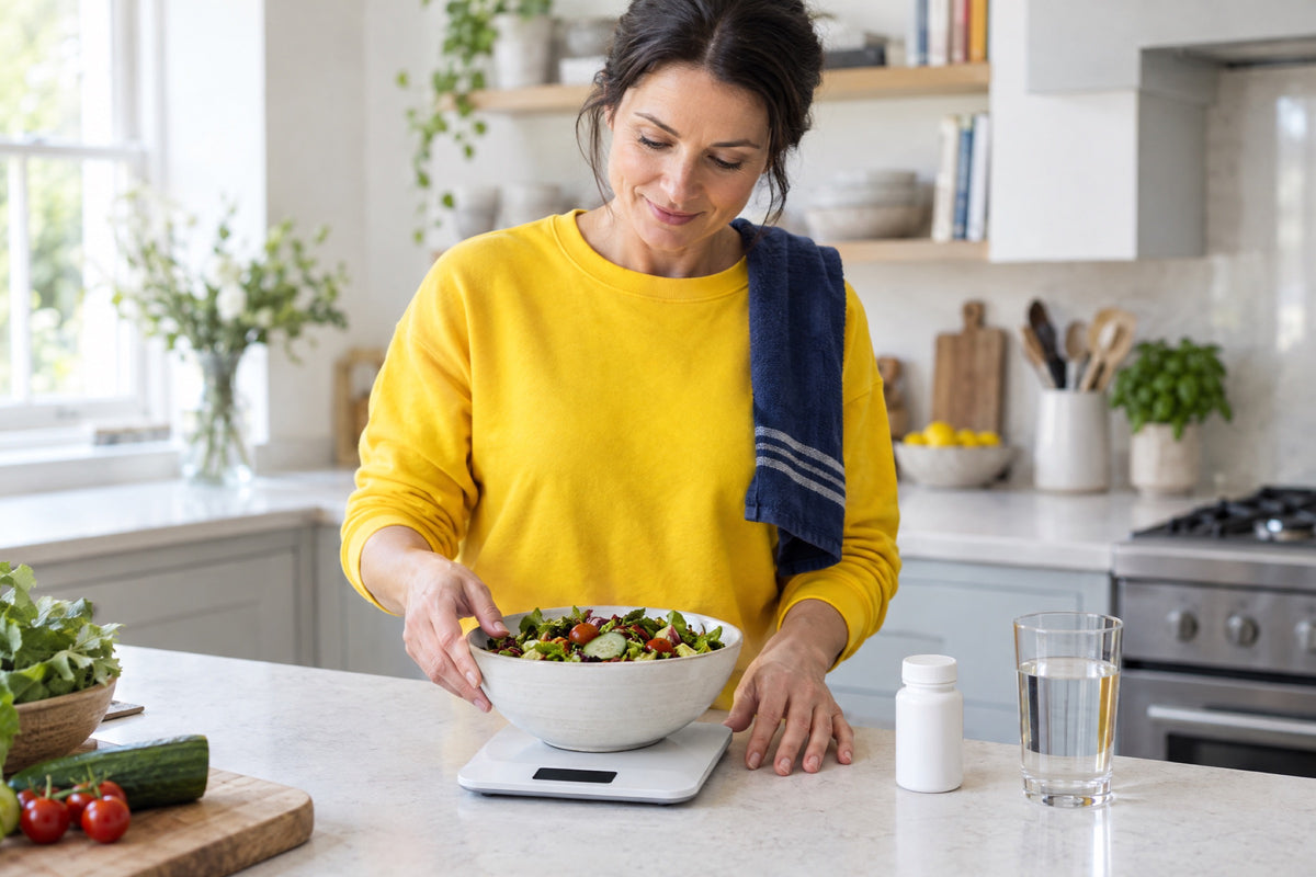 A woman in a yellow jumper weighing a bowl of salad on a kitchen scale, with a white supplement bottle and a glass of water on the counter