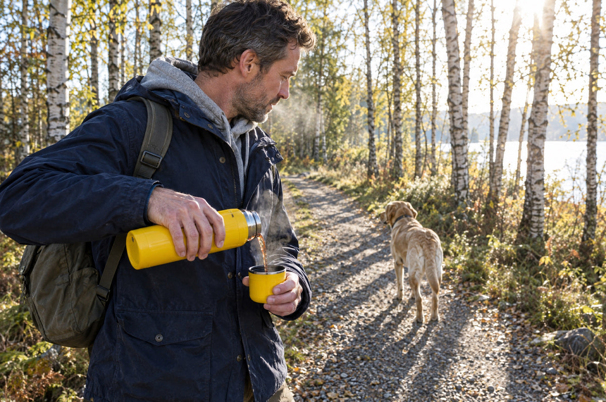 A man pours tea from a yellow flask on a sunlit path beside silver birch trees.