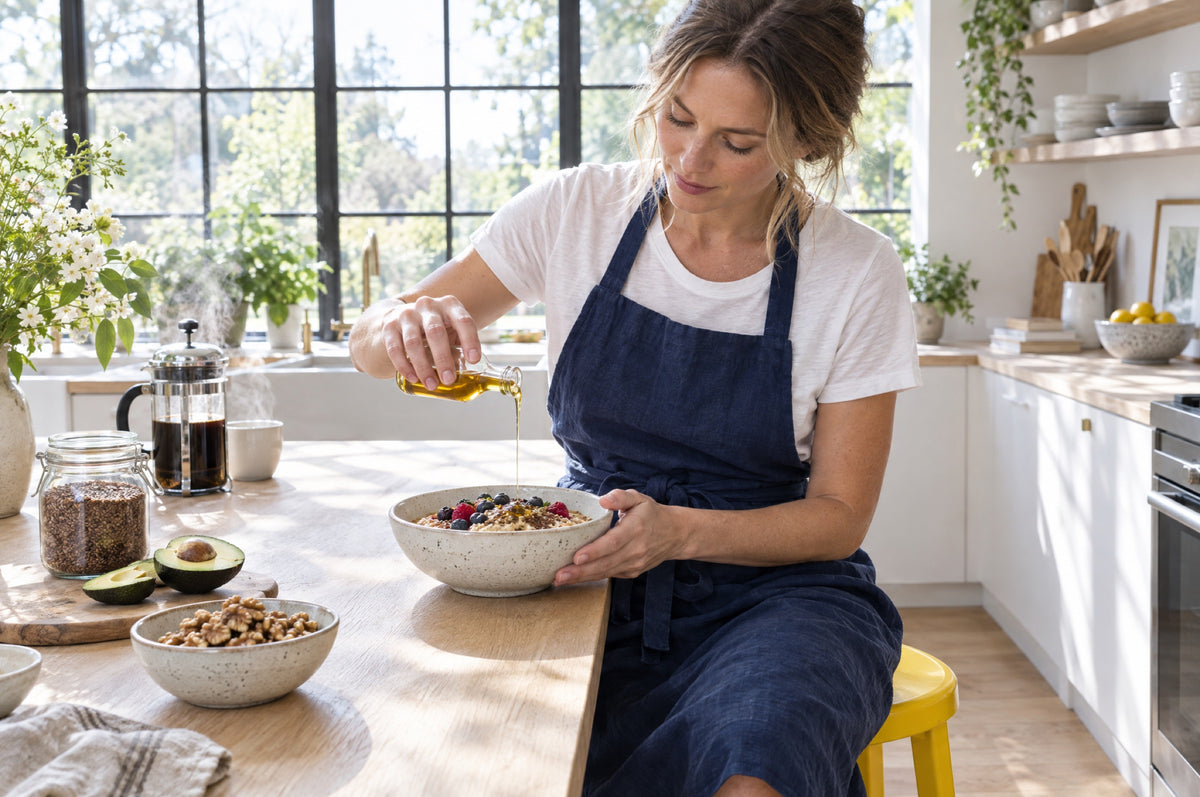 A woman drizzles golden oil over a bowl of porridge at a bright kitchen island.
