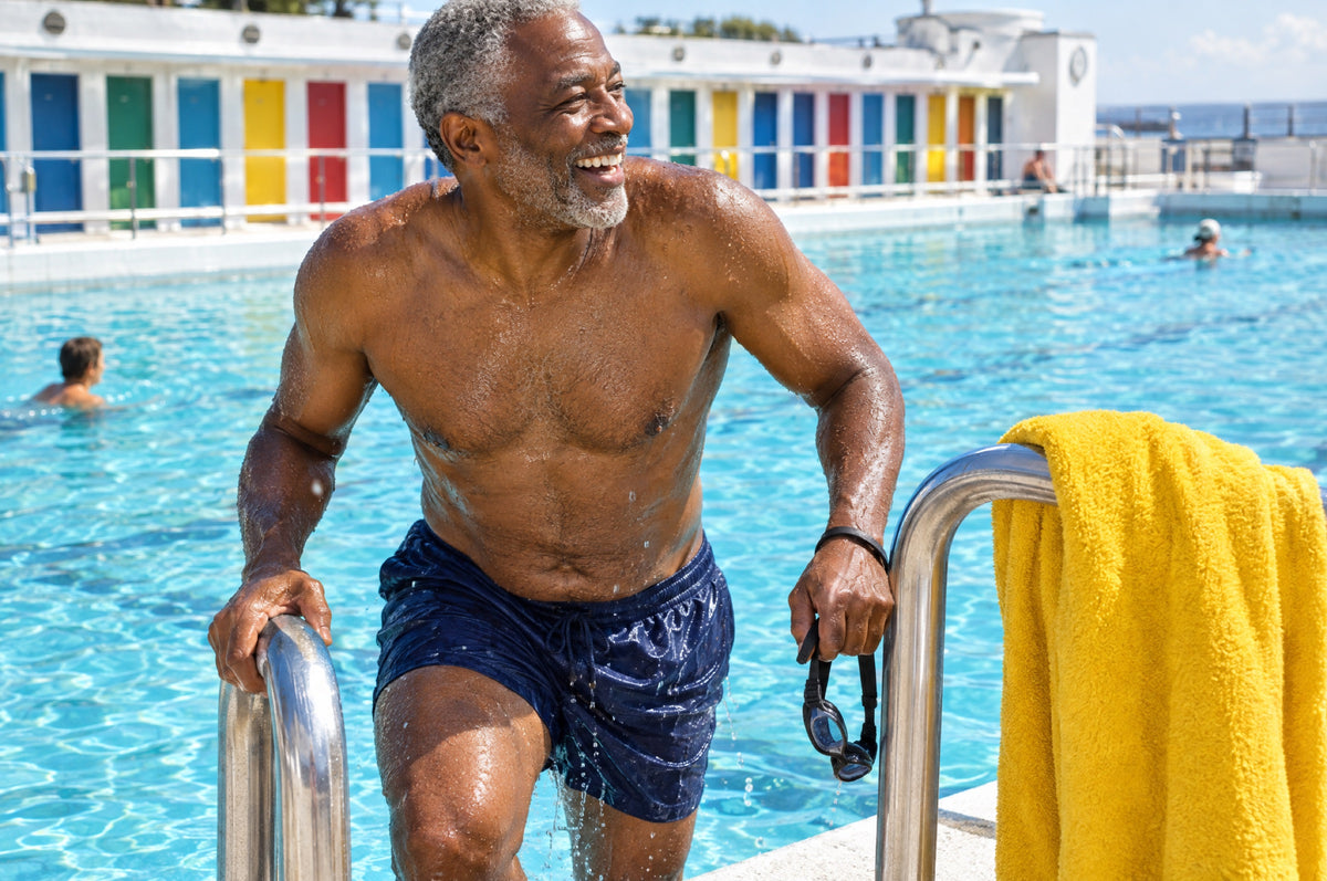 A man climbs out of an outdoor swimming pool beside a yellow towel in bright sunshine.