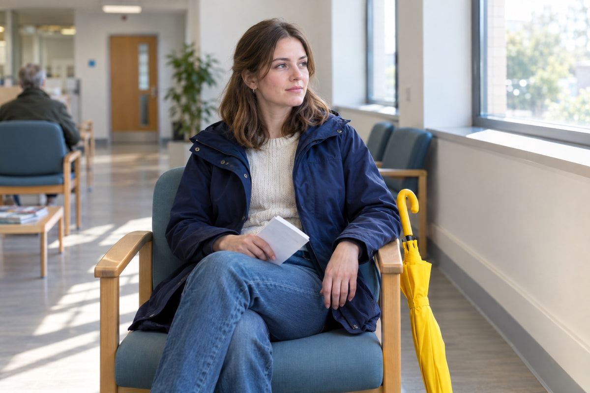 A young British woman in a navy jacket sits in a bright, modern GP waiting room with one hand resting on a folded leaflet in her lap, a yellow umbrella propped against her chair and soft window light across the room, no readable text.