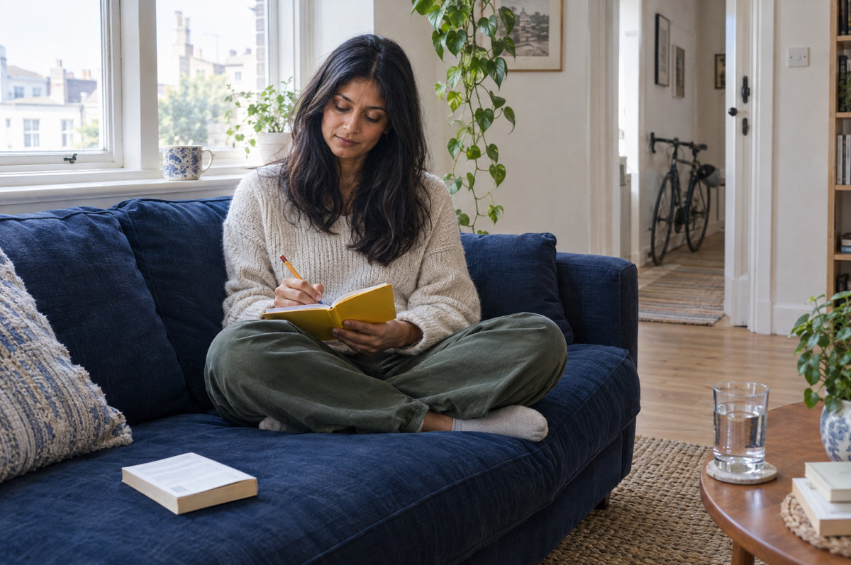 A woman sits cross-legged on a navy sofa writing in a small yellow notebook in a light-filled flat, a mug on the windowsill behind her.