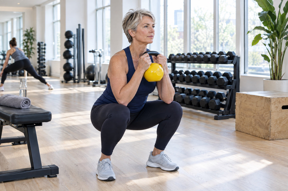 A woman with short grey hair holds a yellow kettlebell at her chest in a deep squat in a bright gym with tall windows and a rack of dumbbells behind.