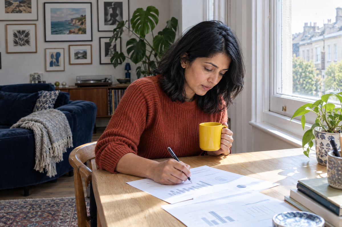 A woman works with a pen at a desk by a tall window holding a yellow mug, with a navy sofa behind her.